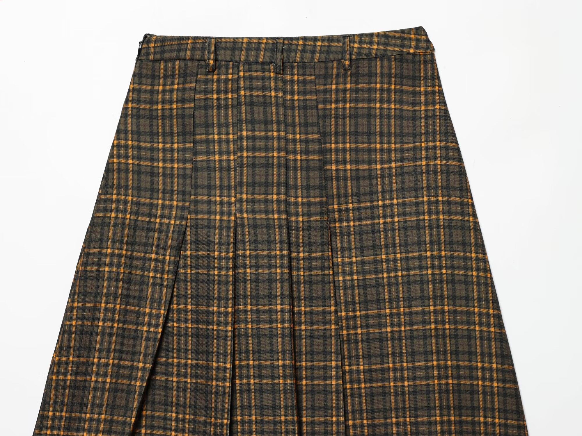 Women's button decoration pleated plaid MIDI skirt