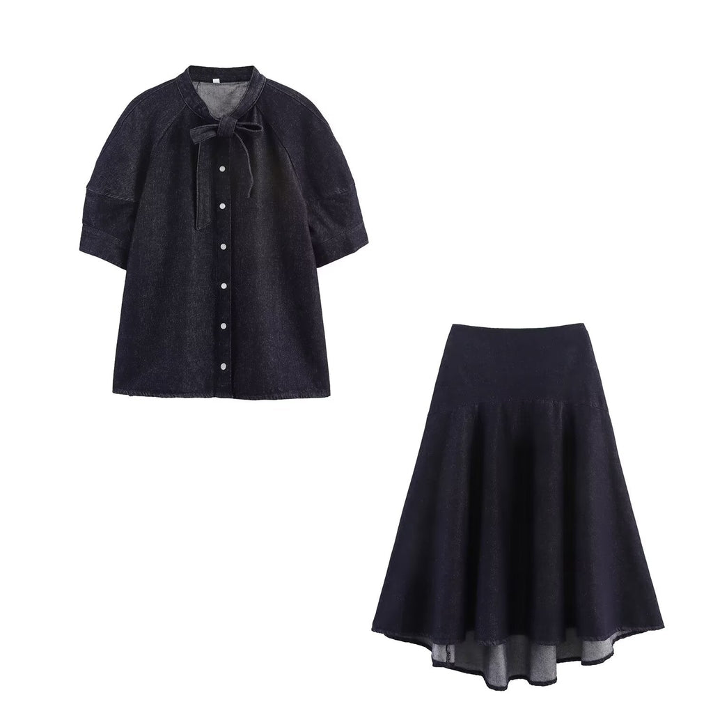 Women's new fashion bow decoration short sleeved denim shirt+Skirts suit