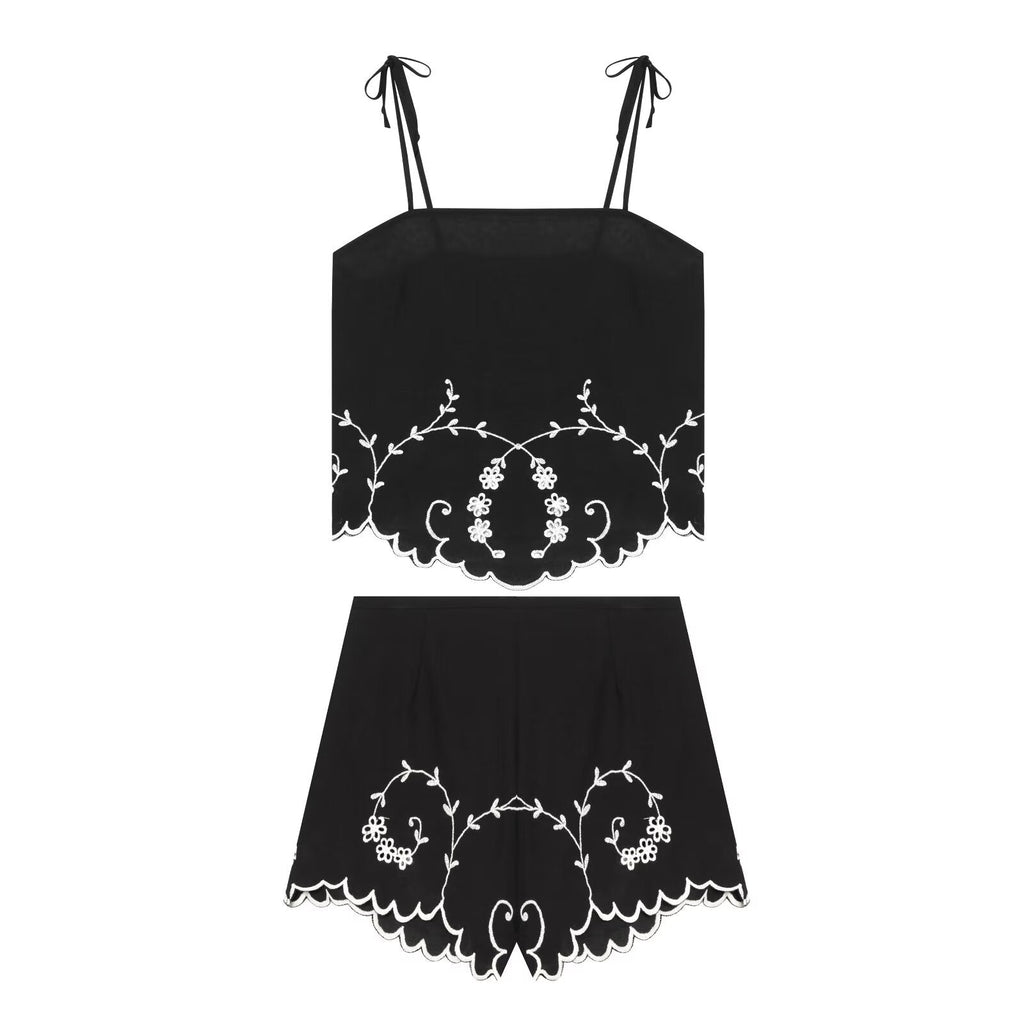 suit Women's 2 pieces linen blend embroidered top+Shorts