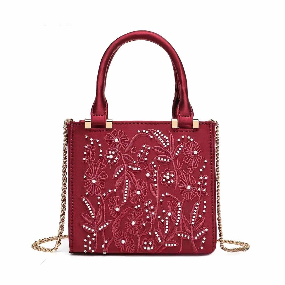 Women's new fashion Pearl embroidered satin texture chain bag shoulder bag