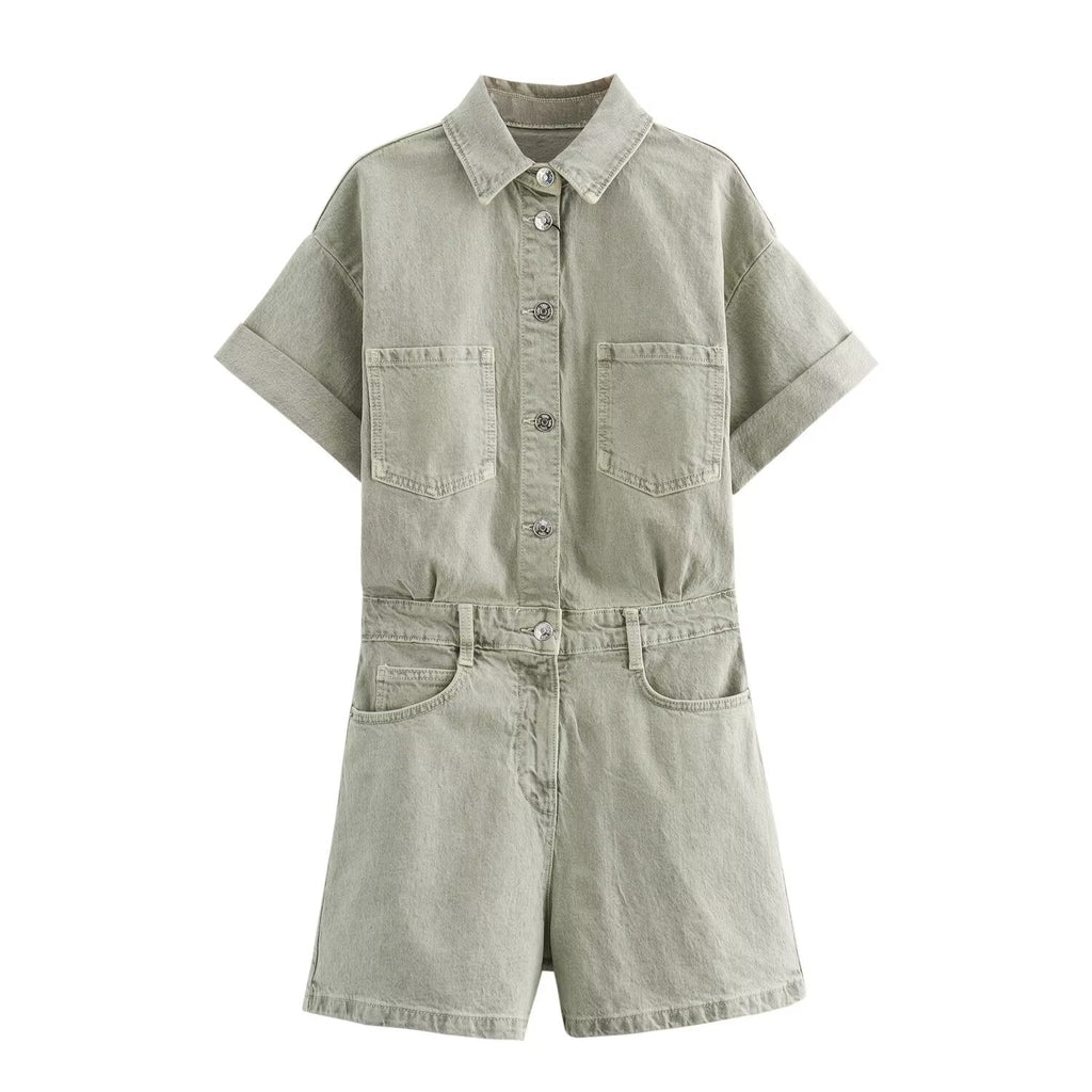 Women's new fashion short sleeved single breasted denim jumpsuit