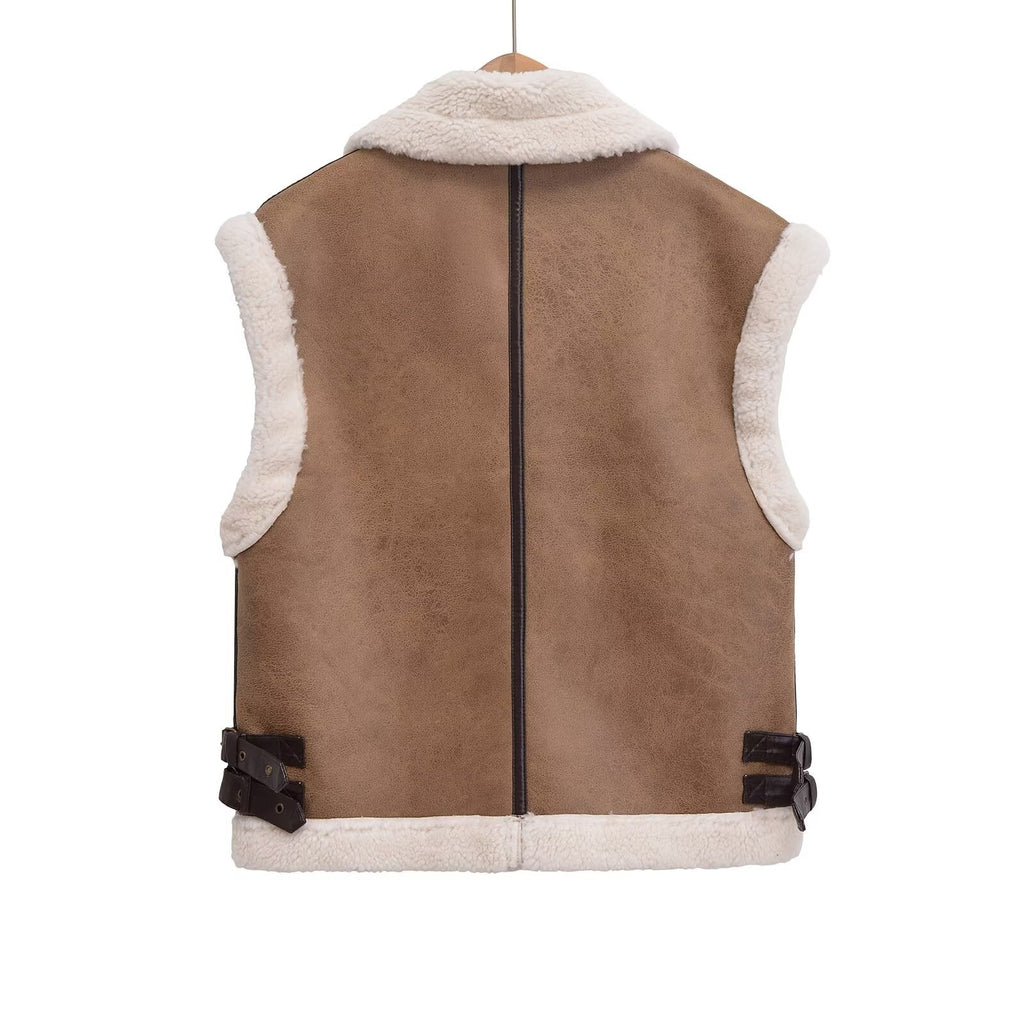 Women's loose Fur Faux Leather vest Coat