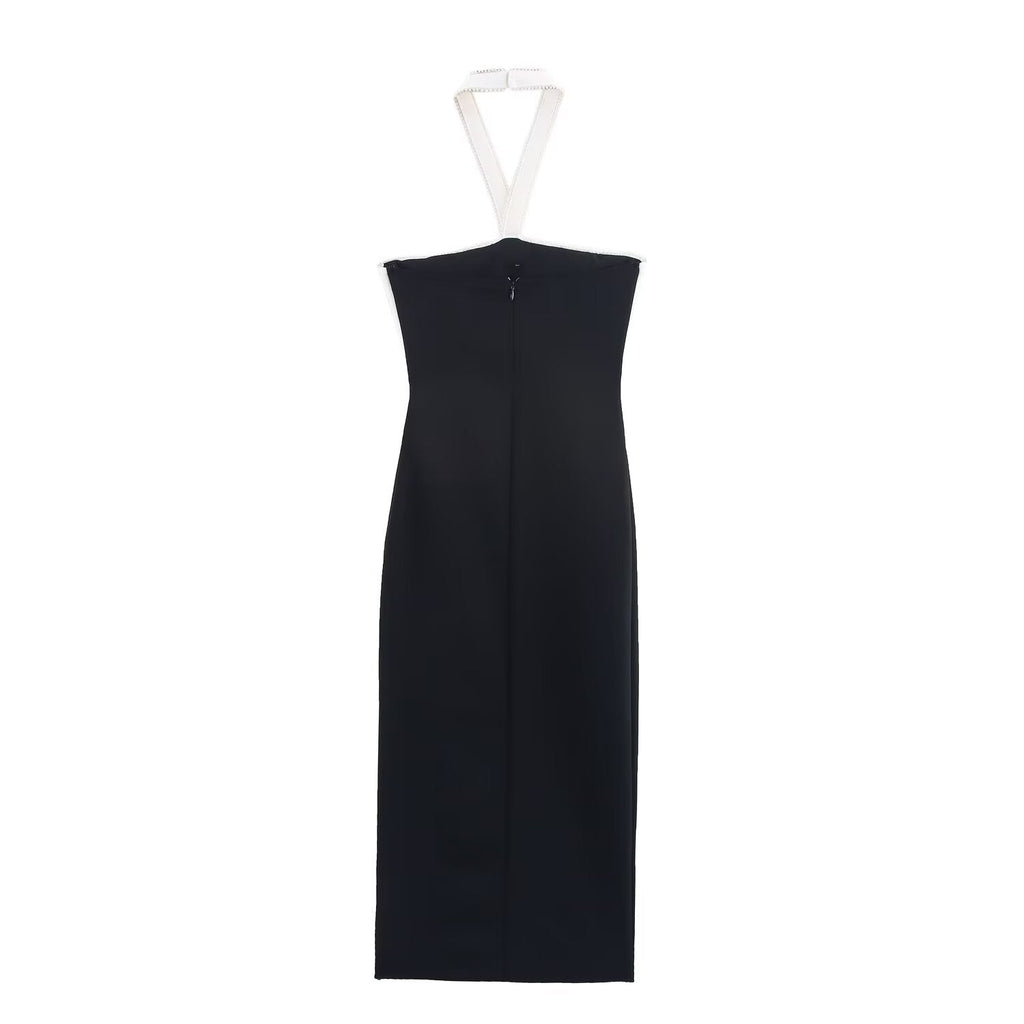 Women's 2025 Fashion Bow Decoration Elastic Hanging Neck Midi Dress