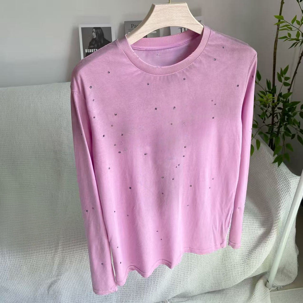 Women's new rhinestone decorated round neck long sleeve T-shirt