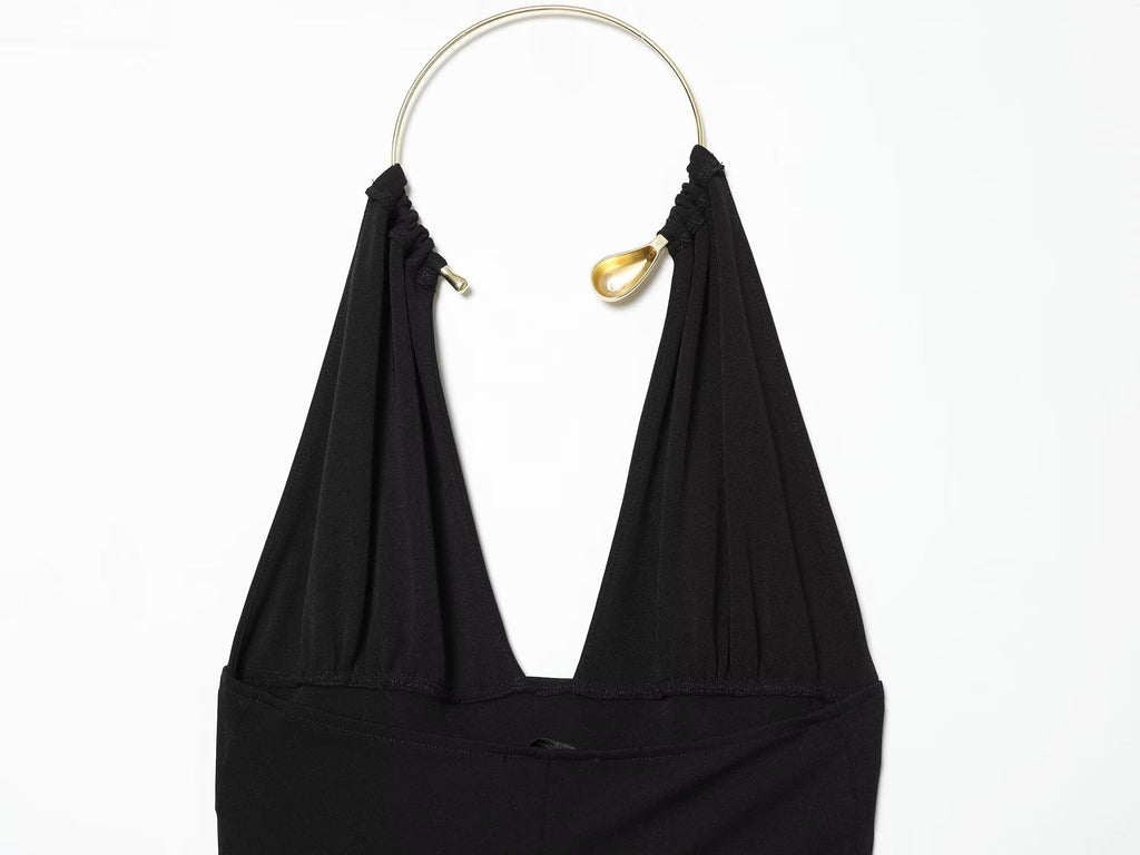Women's black sexy halter neck dress