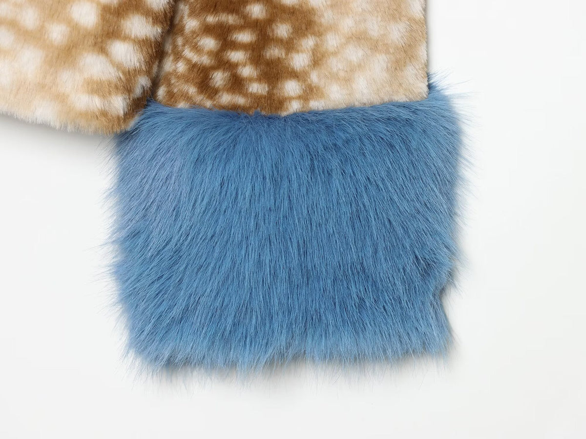 Women's spotted fur-trimmed patchwork coat