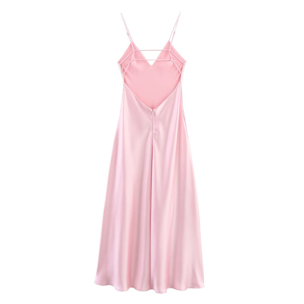 Women's summer chic Fashion multi colored satin texture suspender MIDI dress