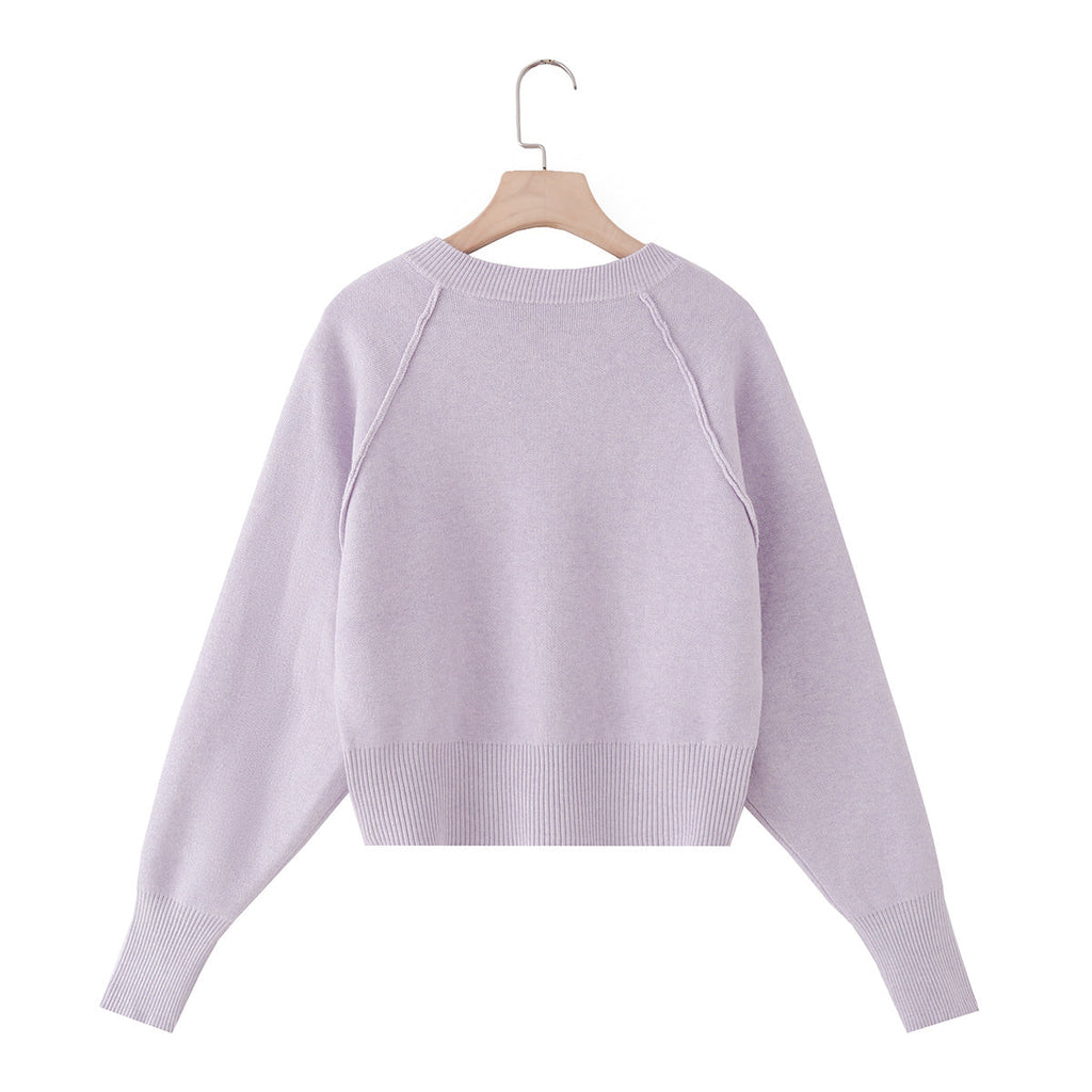 Women's short O Neck long sleeved knitted Coat