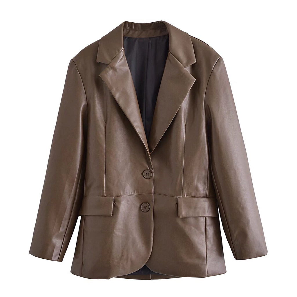 Women's new fashion casual patchwork imitation leather suit jacket