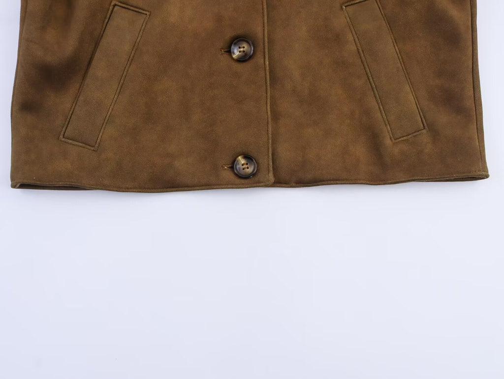 Women's new fashion suede effect short lapel jacket Coat