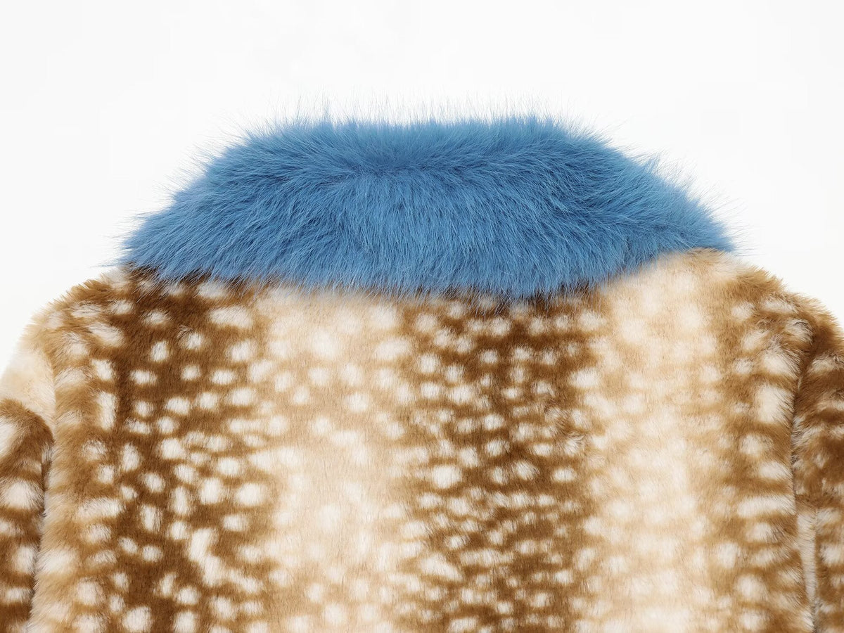 Women's spotted fur-trimmed patchwork coat