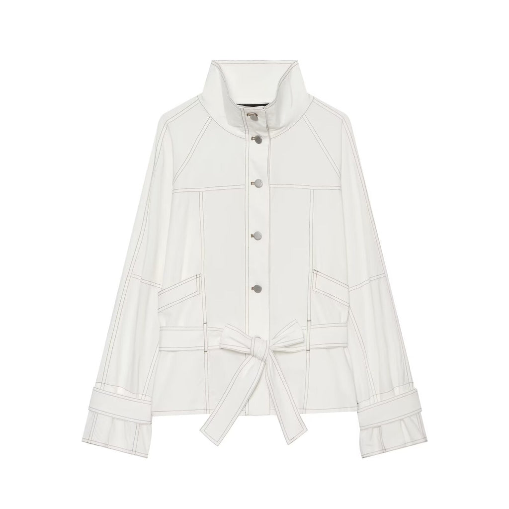 Women's contrasting bright line stand collar Coat