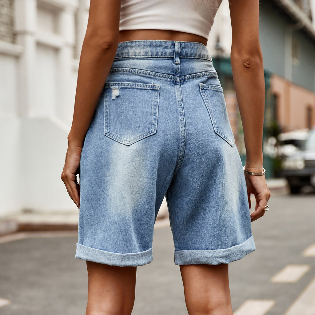 2026 women's new casual hole curling five-point denim shorts