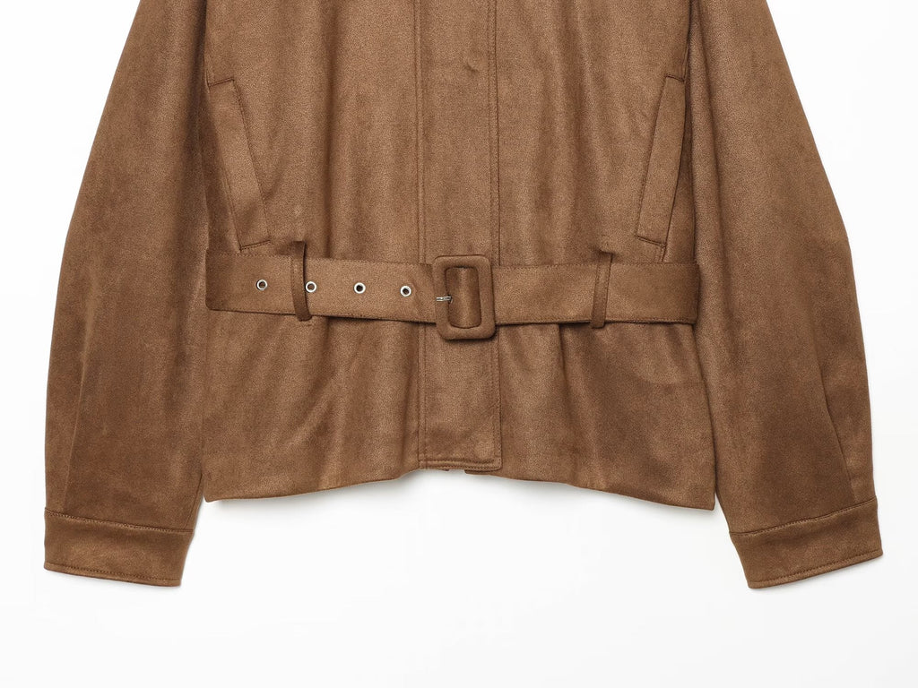 Women's with belt suede leather texture jacket Coat