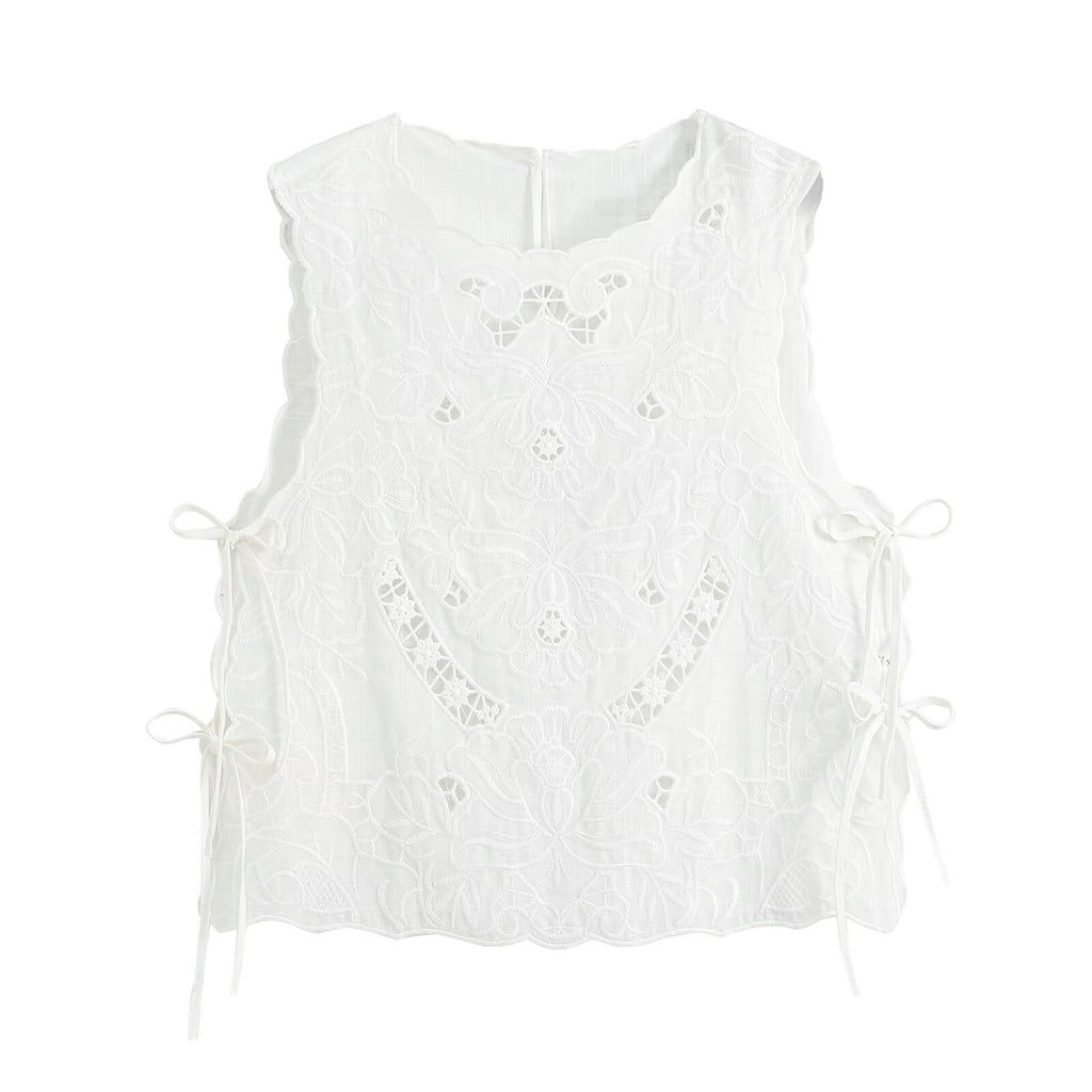 Women's bow decoration hollow embroidery top