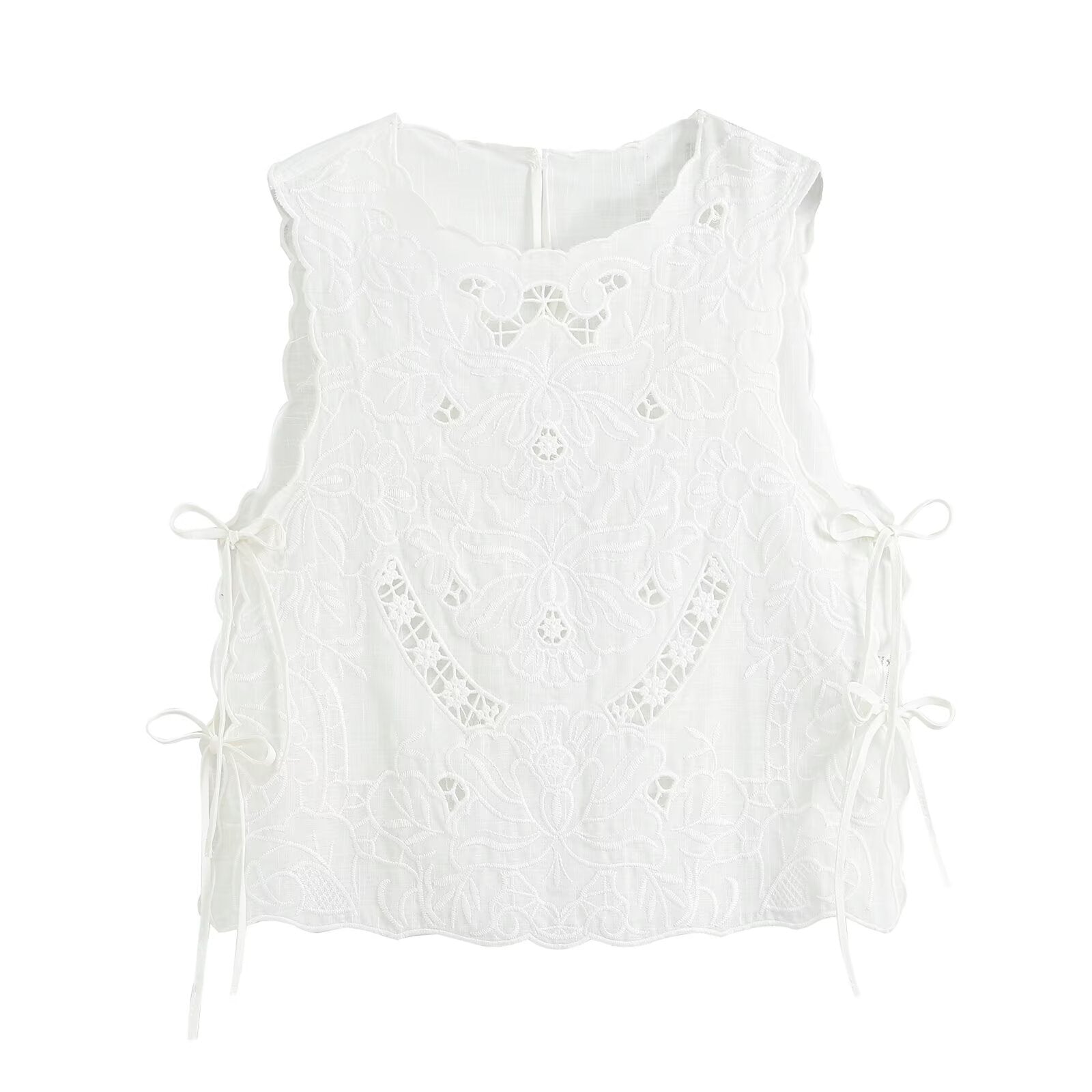 Women's bow decoration hollow embroidery top