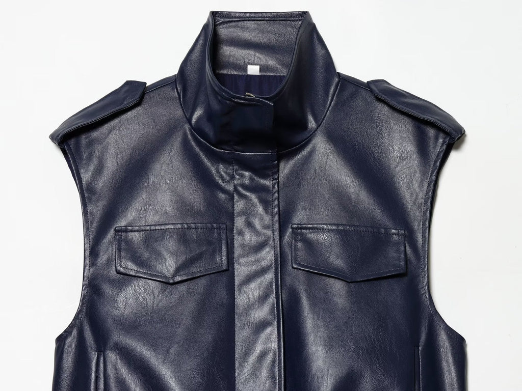 suit Women's 2 pieces leather effect sleeveless stand collar top+Skirts