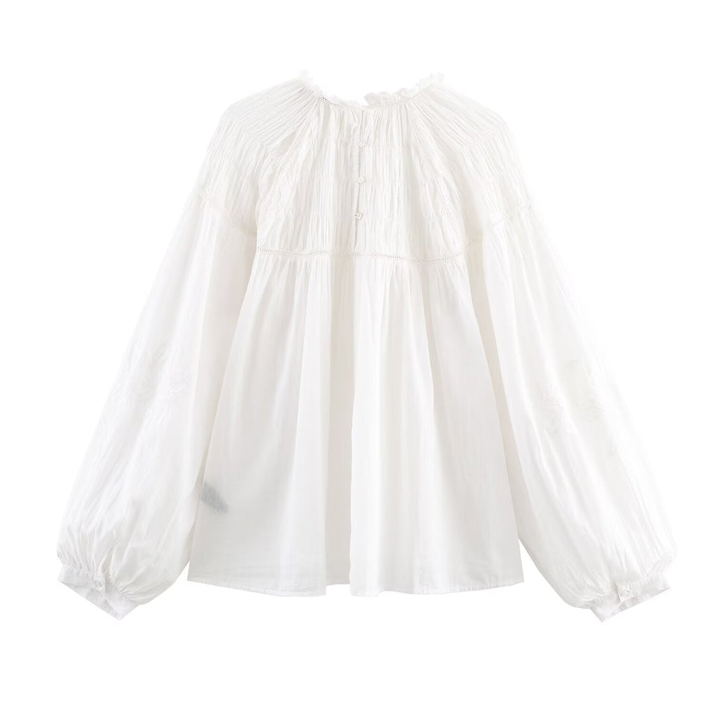 Women's embroidery decoration loose pleated shirt