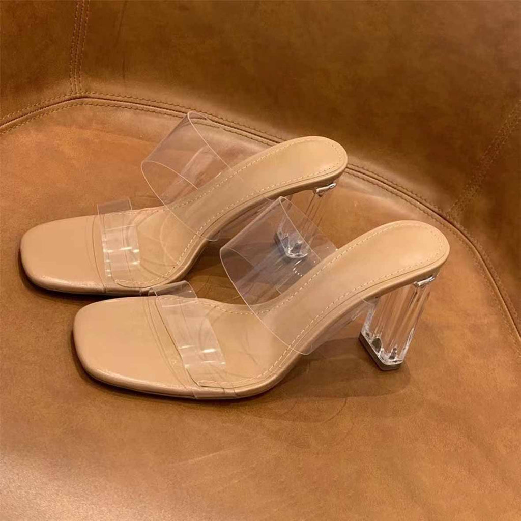 Women's New Fashion Natural Color Thick High Heels with PVC Transparent Crystal and Sexy Sandals.
