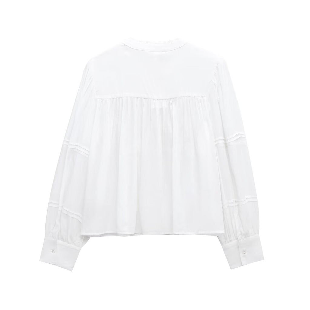 Women's new Fashion casual single breasted fine pleated lace shirt