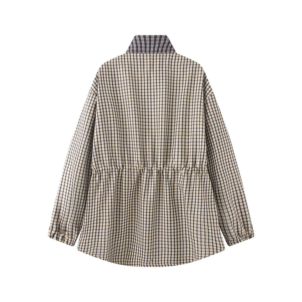 Women's casual waist cinched plaid parka Coat