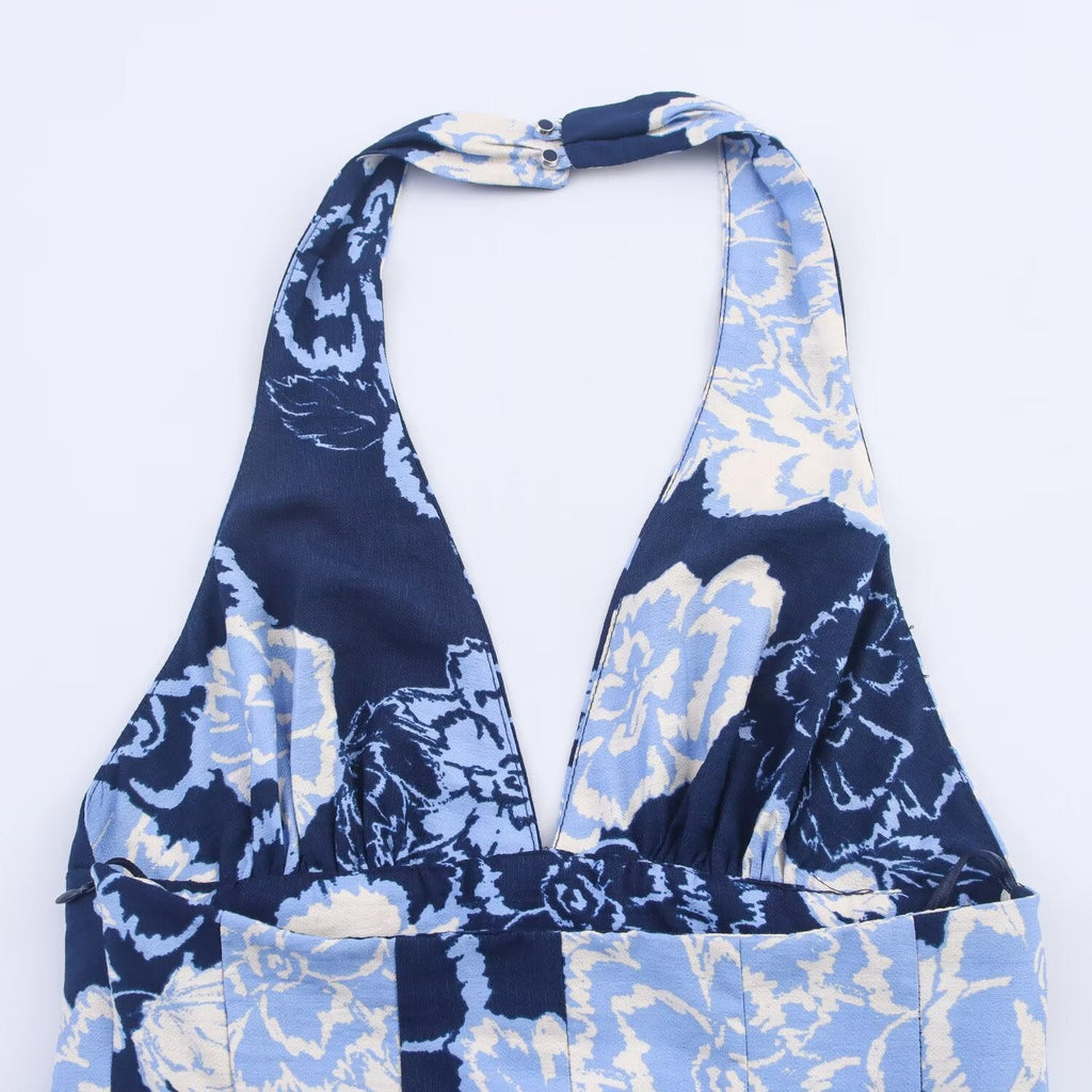 Women's new fashion printed backless hanging neck MIDI dress
