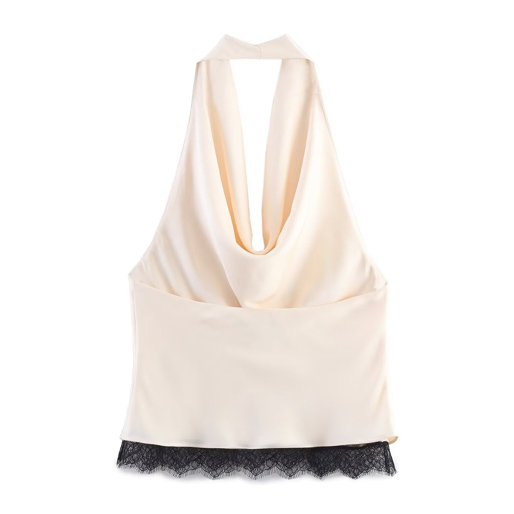 Women's new fashion lace decoration satin hanging neck top+Skirts suit
