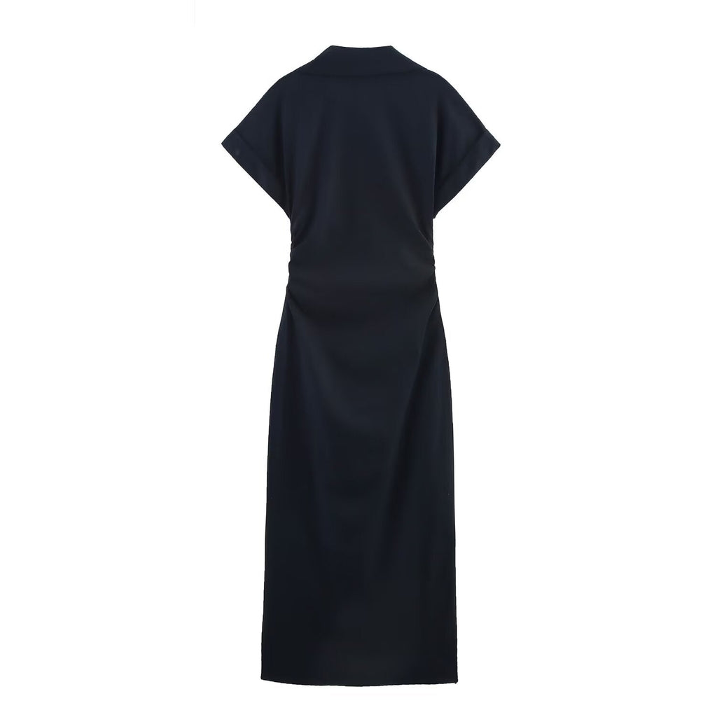 Women's new chic fashion pleated decoration slim single breasted linen blended MIDI dress retro short sleeved women's dress