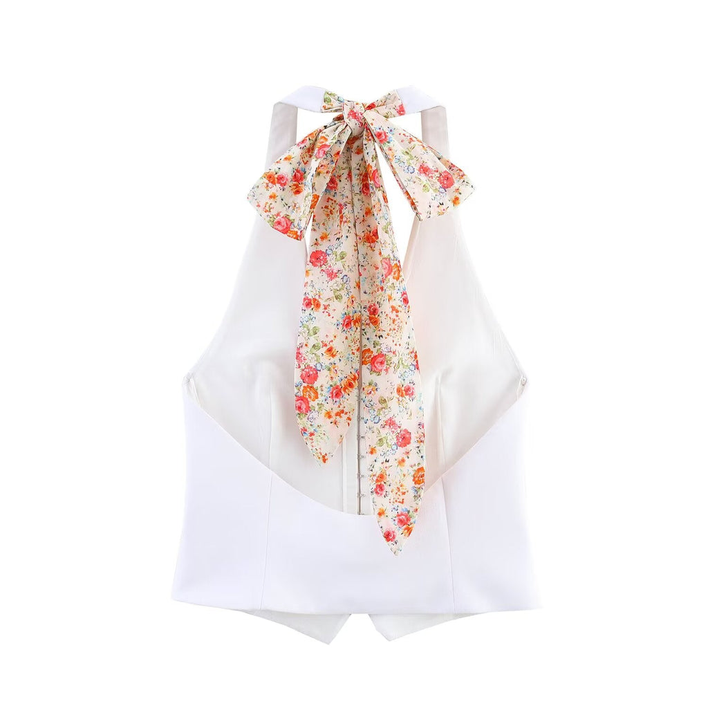 Women's new fashion printed halter neck vest retro sleeveless backless women's vest+Shorts Women's suit