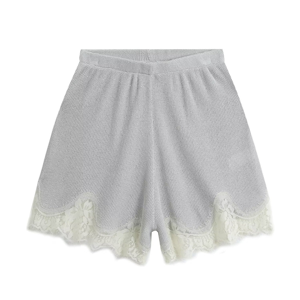 suit Women's 2 pieces lace O Neck long sleeved knitted top+Shorts