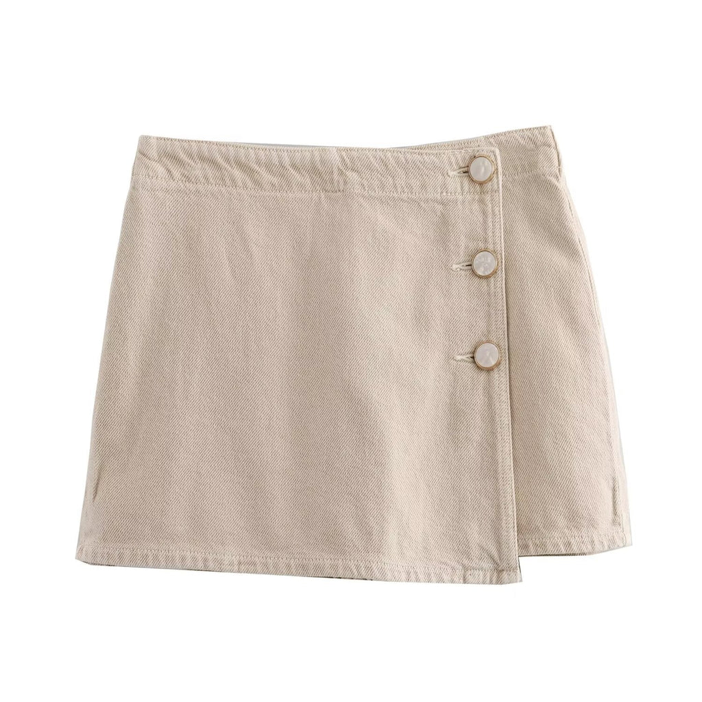 Ladies' new fashion asymmetrical design slim single breasted denim shorts Skirts