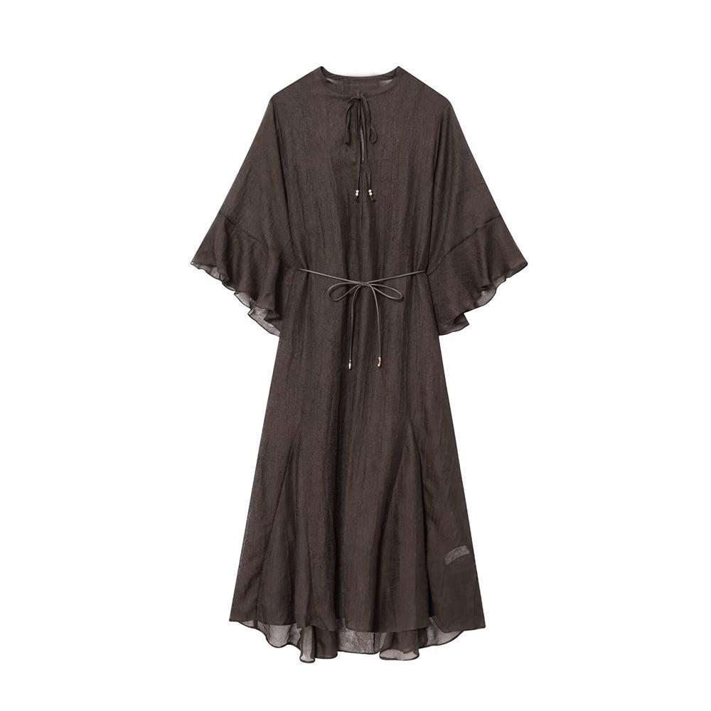 Women's new fashion with Belt loose semi transparent MIDI dress