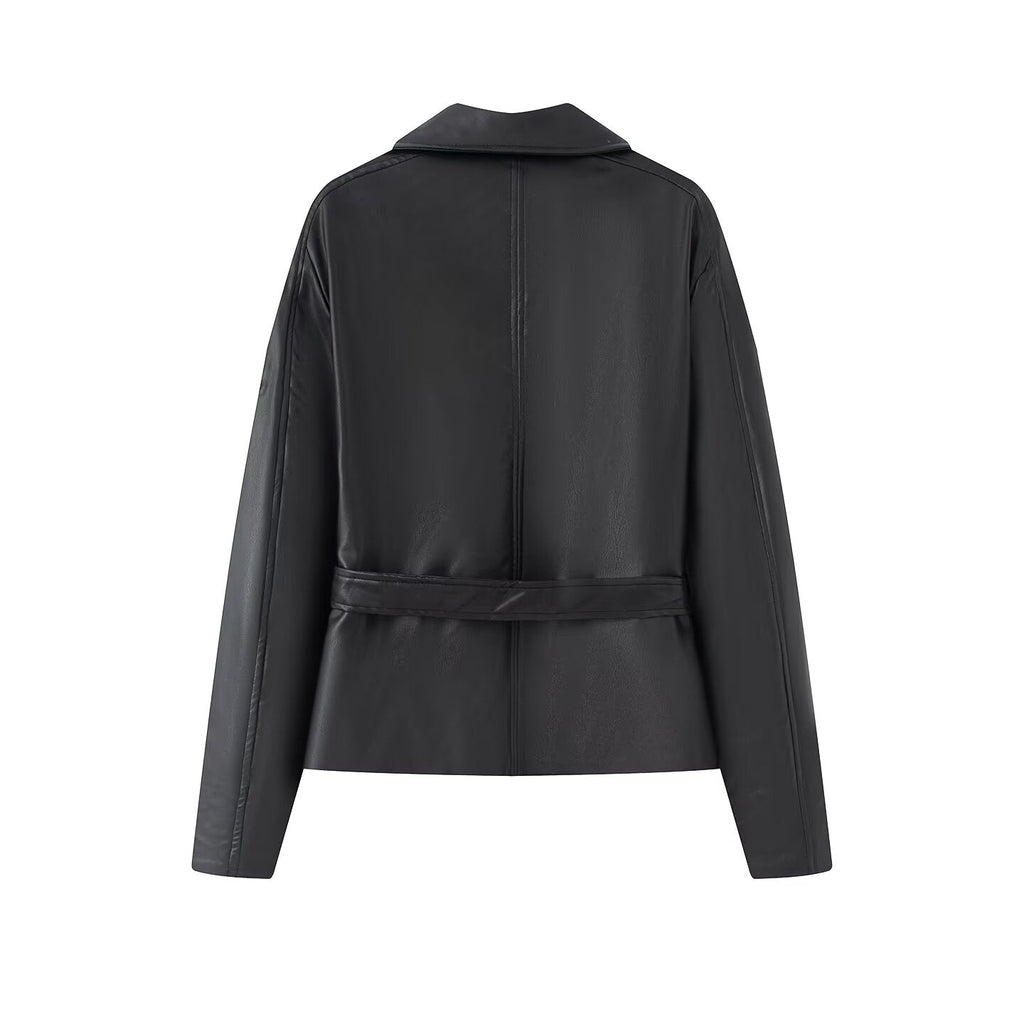 Women's with belt faux leather windbreaker Coat