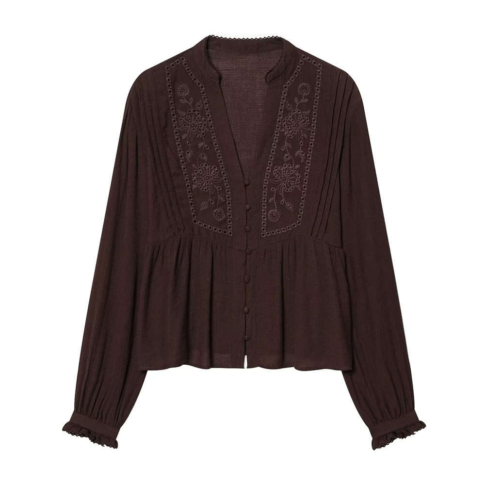 Women's V-neck pleated embroidered shirt