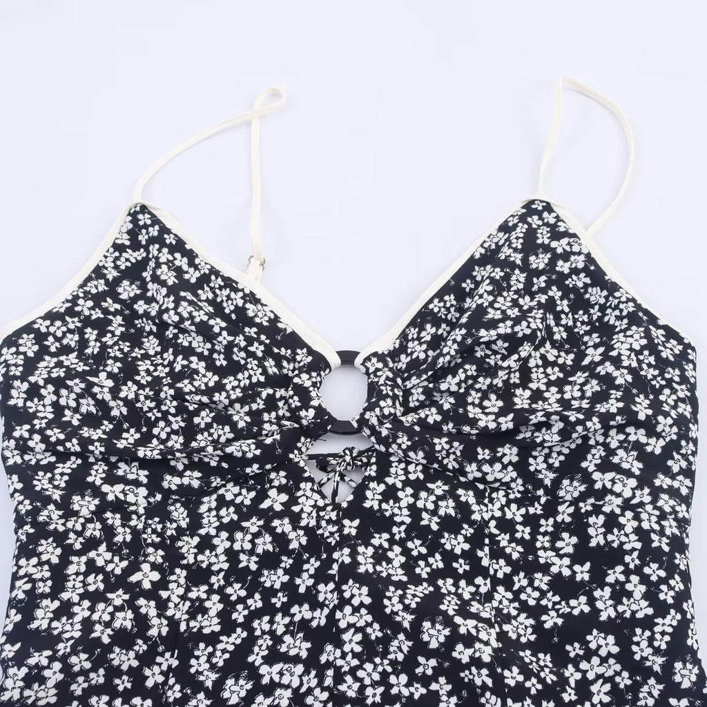 Women's Sweet Fashion Flower Printed suspender Midi Dress
