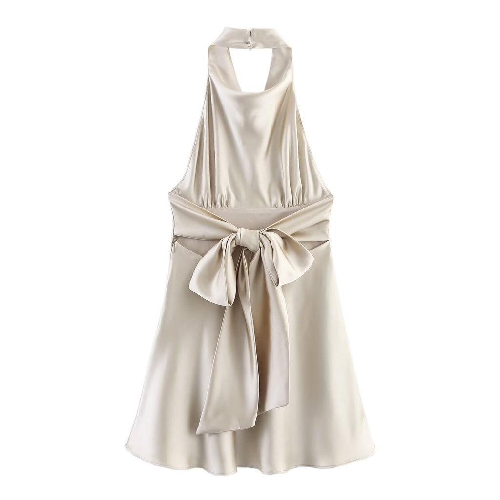 Women's new fashion backless bow decoration satin texture mini dress