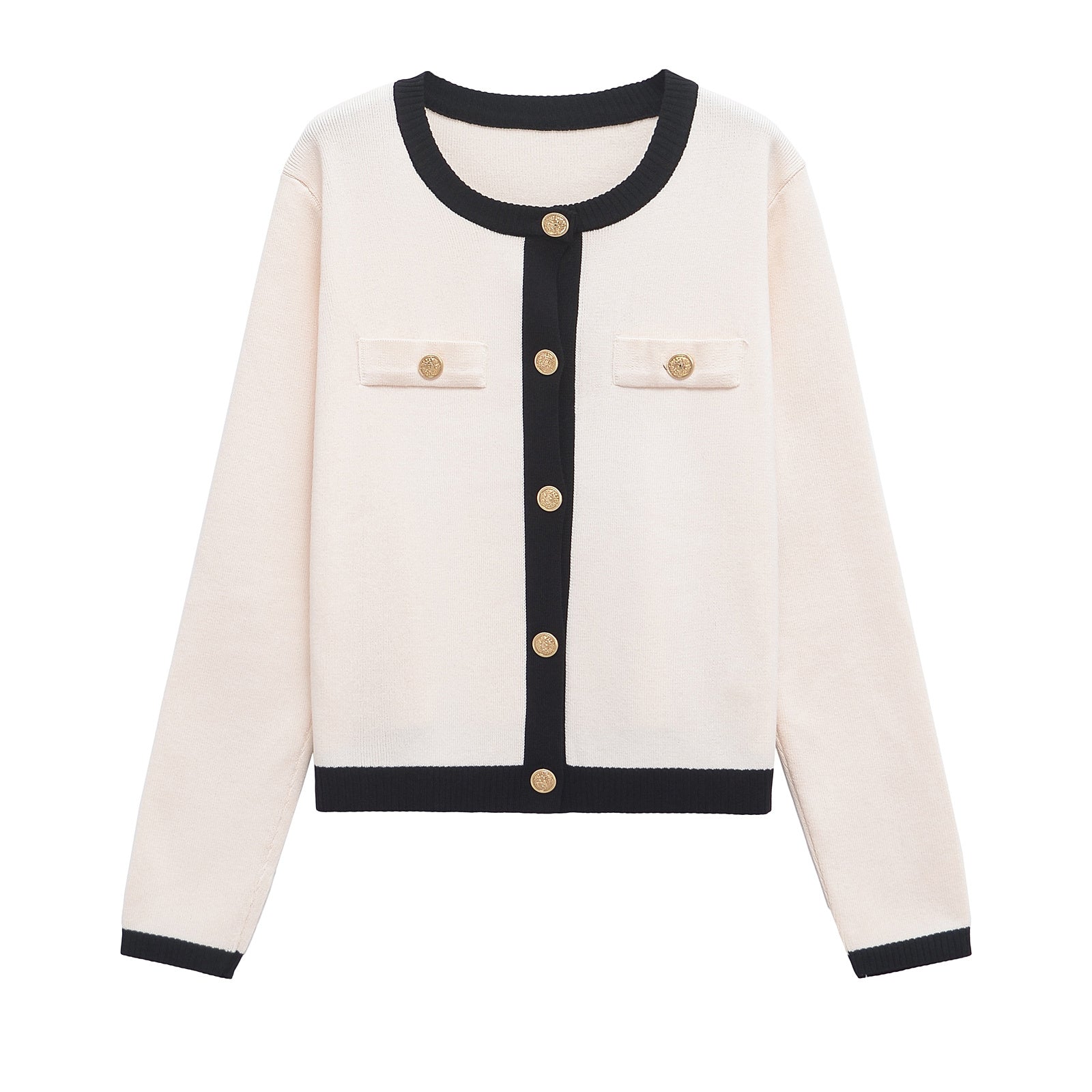 Women's new versatile fashion O-neck gold button knitted long sleeve cardigan