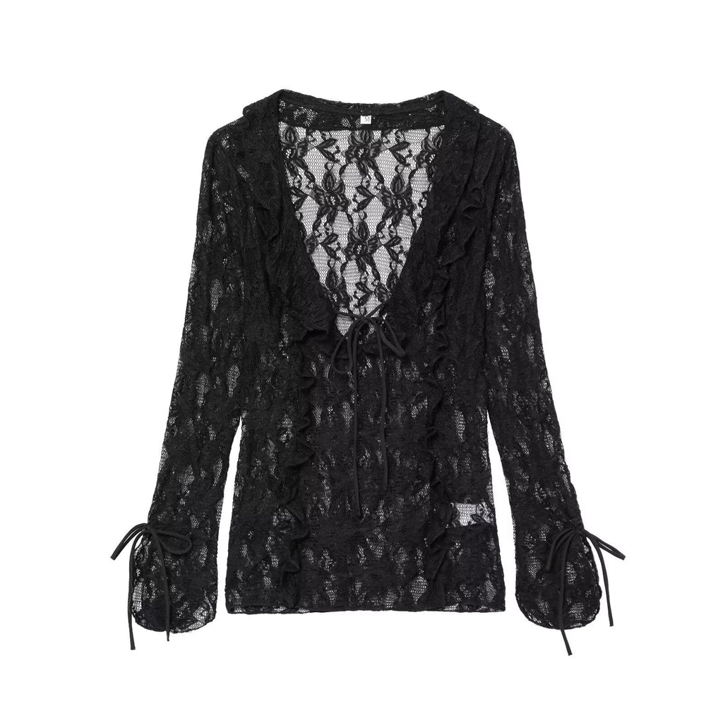 Women's new fashion layered decoration slim Lace up V-neck lace top