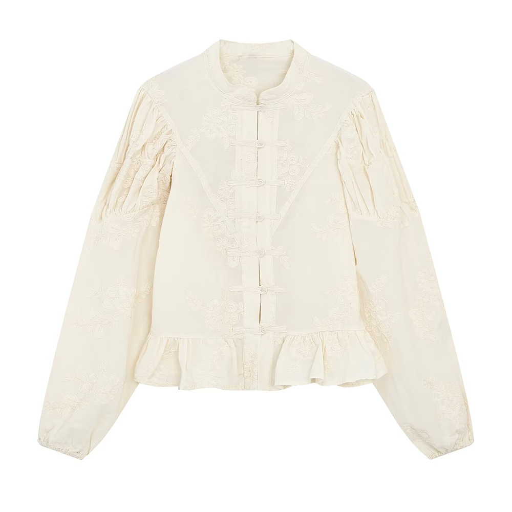 Women's rope knot button pleated embroidered shirt