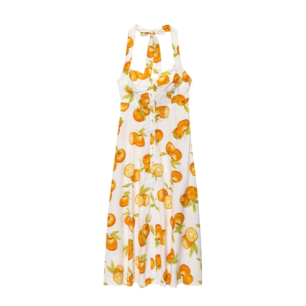 Women's Sweet Fashion Comfortable Printed Hanging Collar Midi Dress