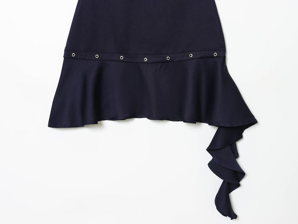 Women's new fashion rivet decoration asymmetric mini dress