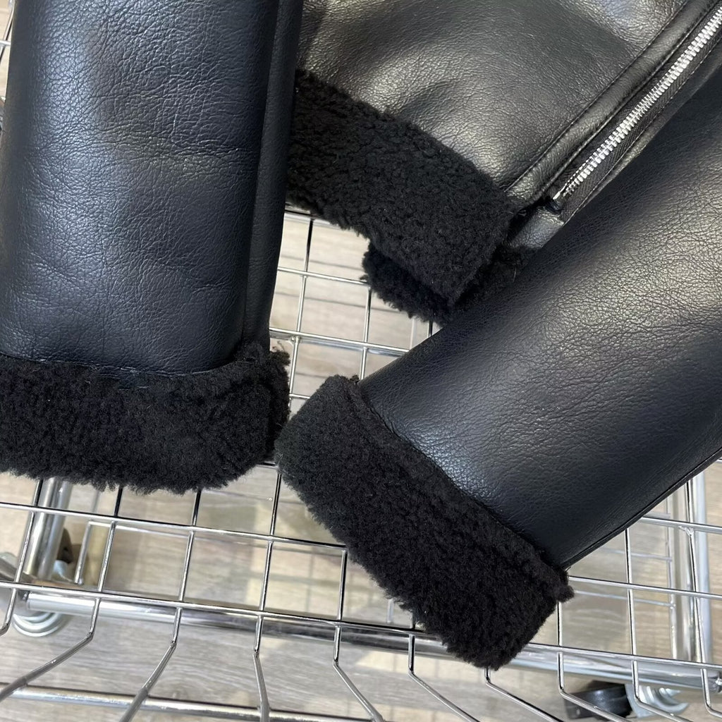Women's black double-sided Fur Faux Leather jacket Coat