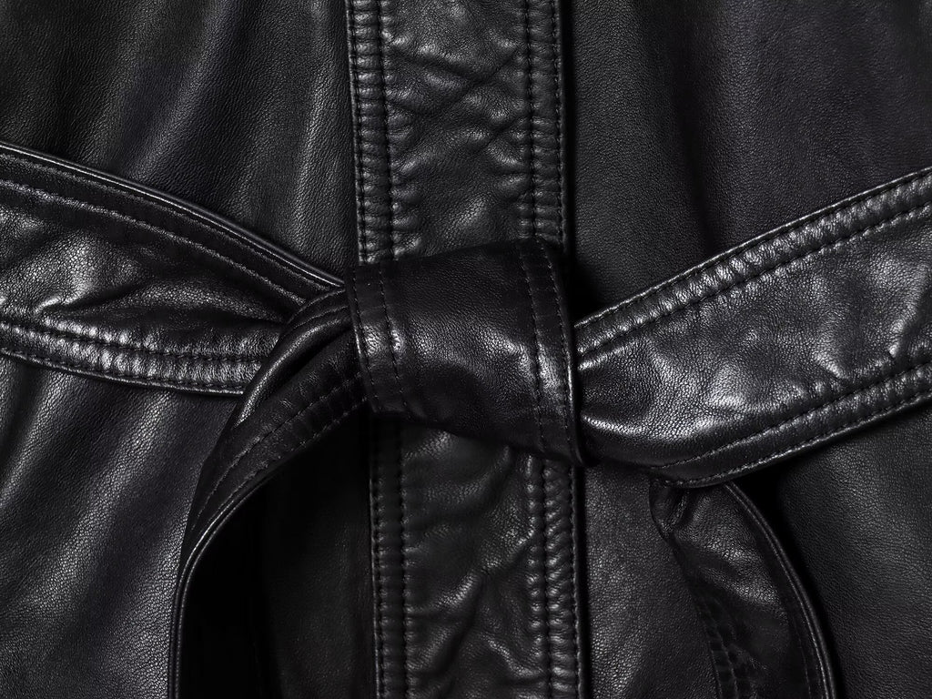 Women's with Belt Black Faux Leather Lapel Coat
