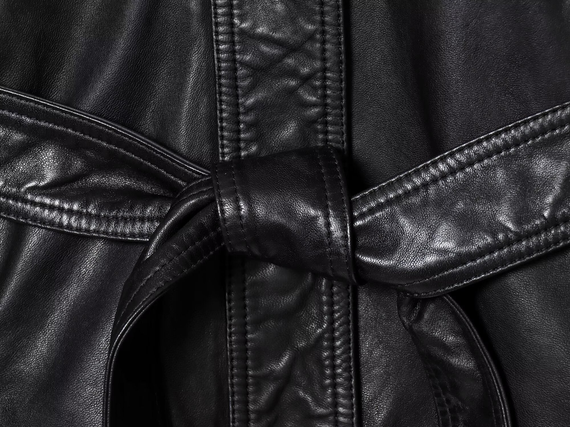 Women's with Belt Black Faux Leather Lapel Coat