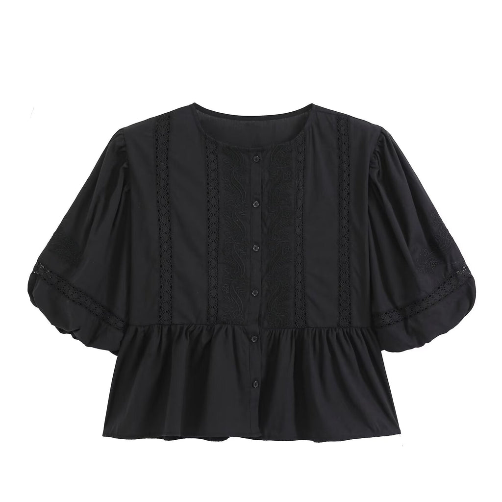 Women's hollowed out embroidered balloon sleeve shirt