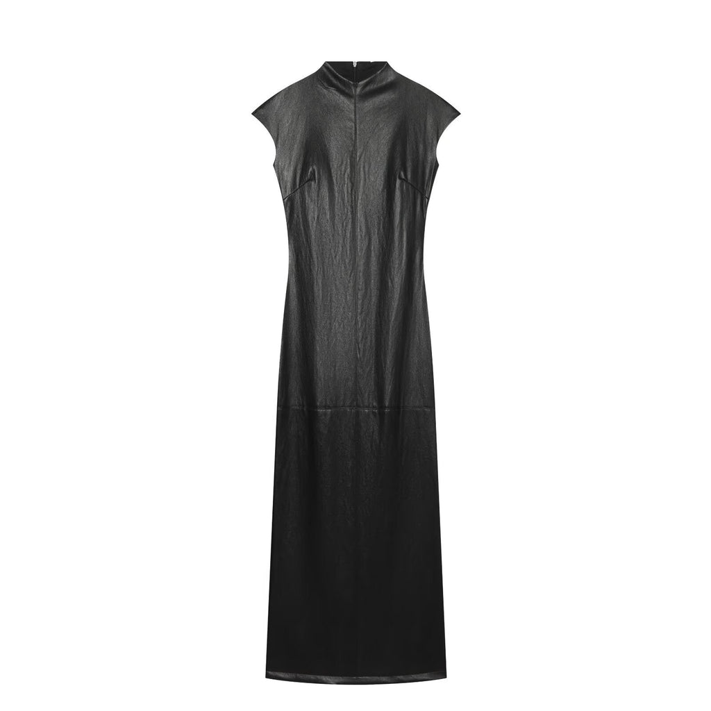 Women's black slim leather effect MIDI dress