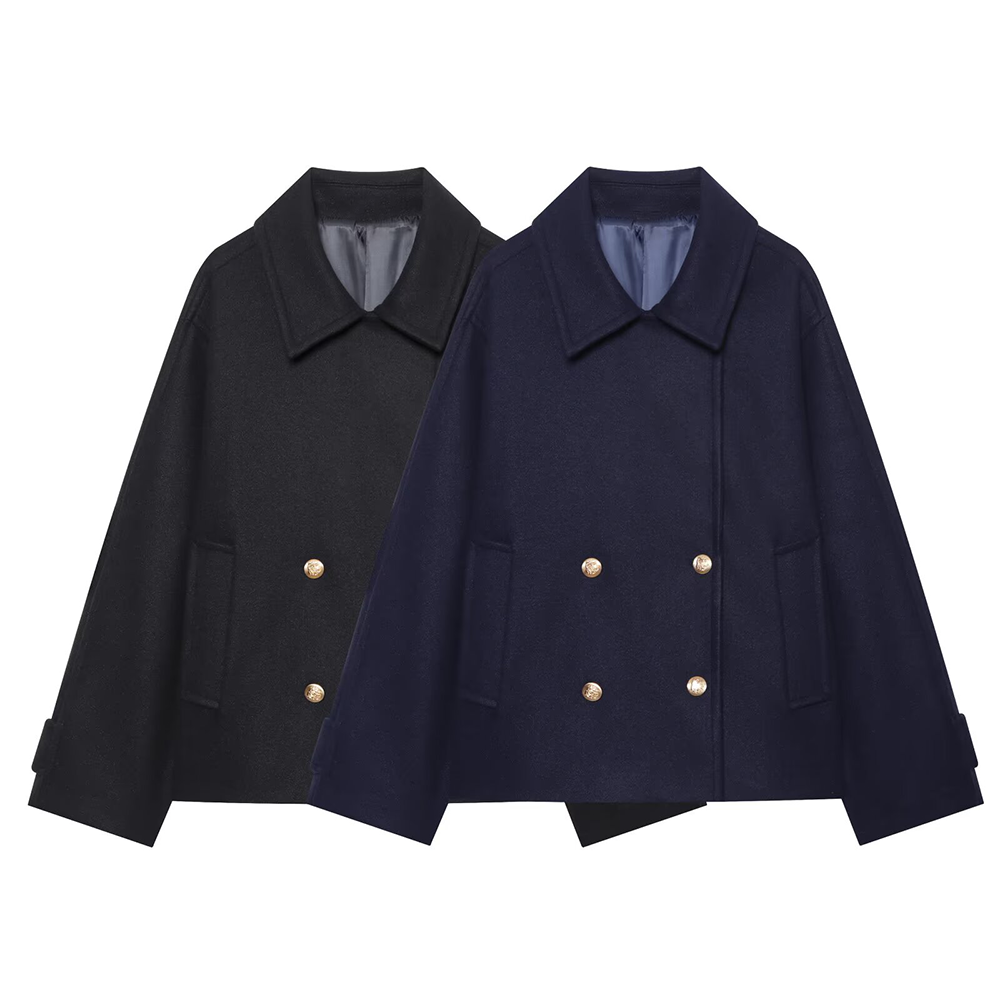 Women's short double breasted woolen blend coat
