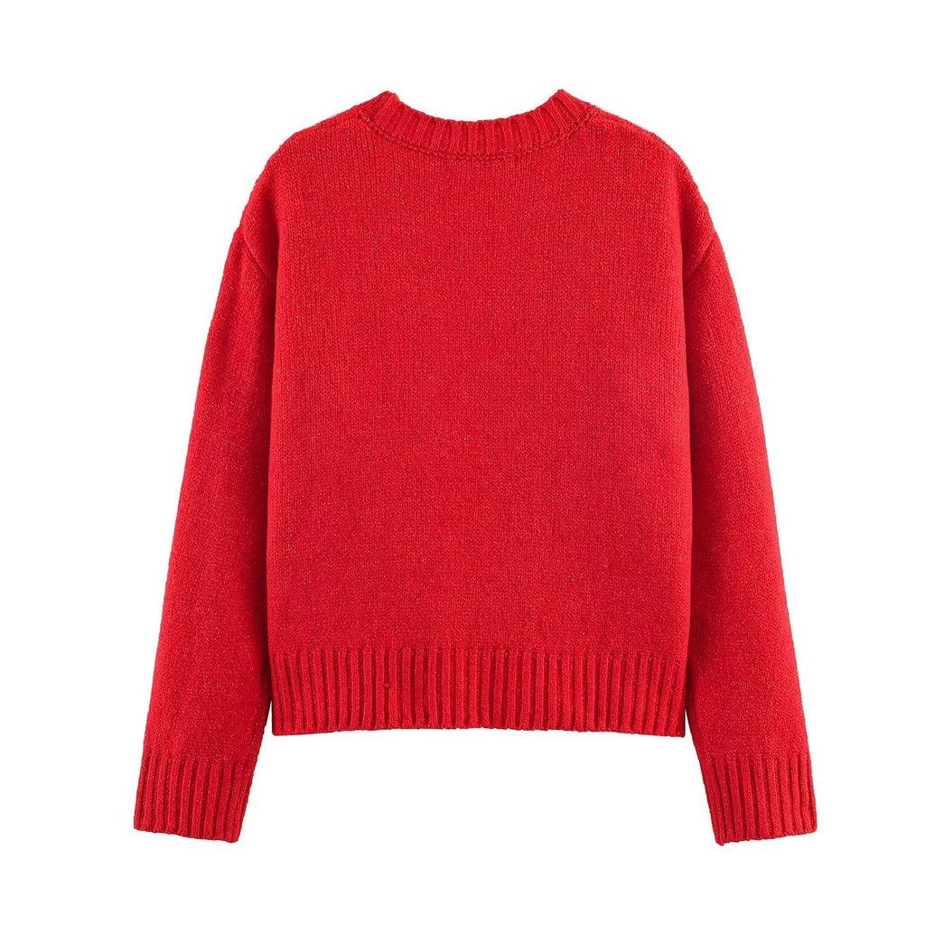 Women's bow decoration O Neck knitted sweater