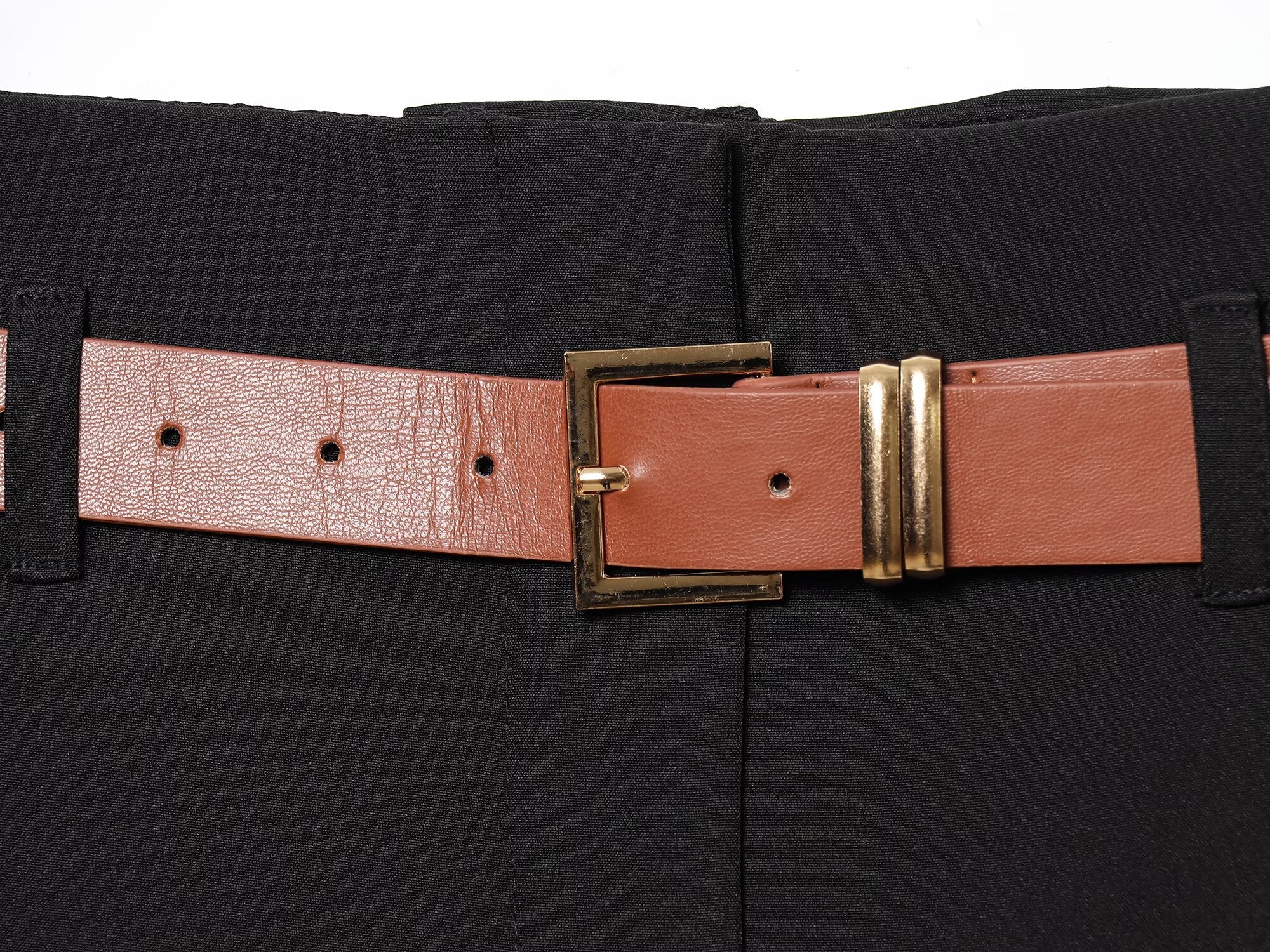 Women's With Belt high waisted straight leg rolled edge pants