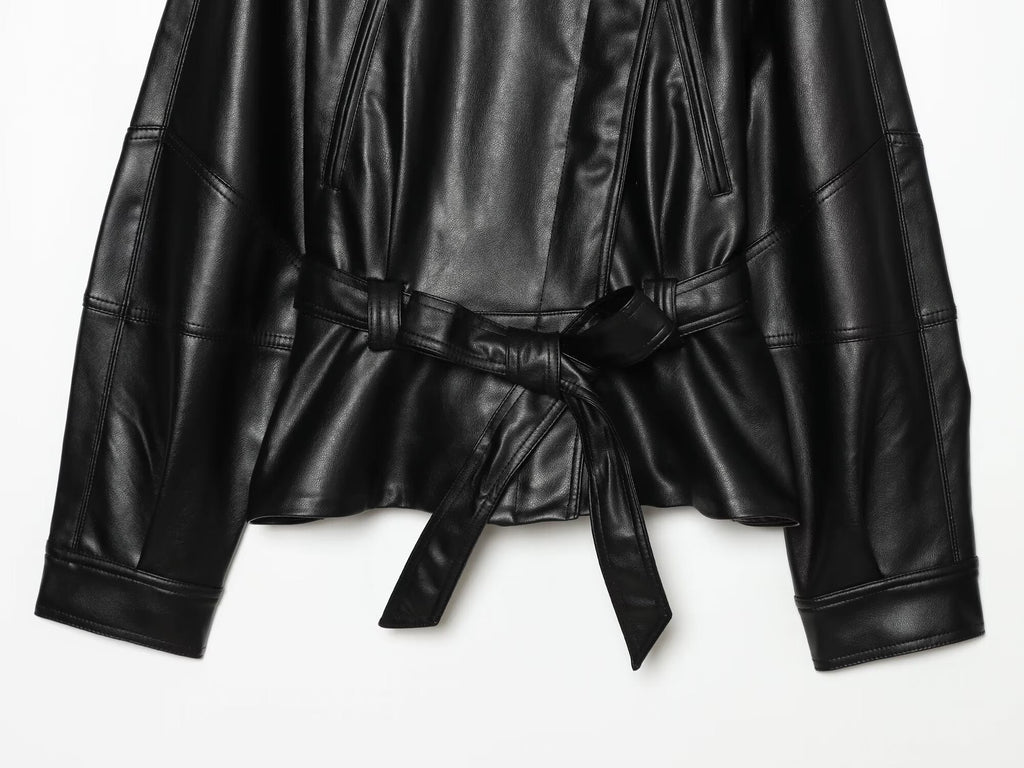 Women's long sleeved lapel leather effect jacket